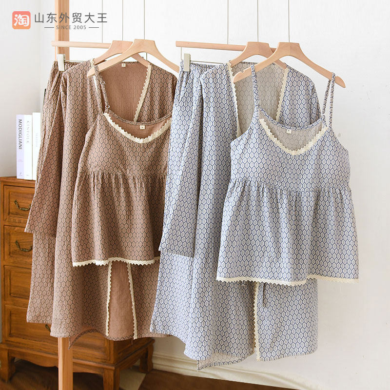 带胸垫睡衣女纯棉三件套春秋长袖吊带背心家居服套装睡袍长裤夏季