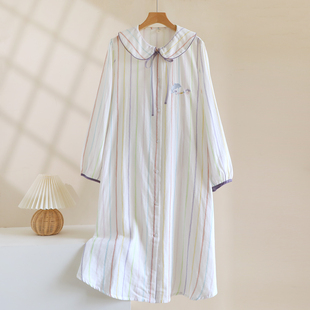 彩虹条纹娃娃领睡裙纯棉纱布长袖睡衣女春秋季少女家居服裙子全棉
