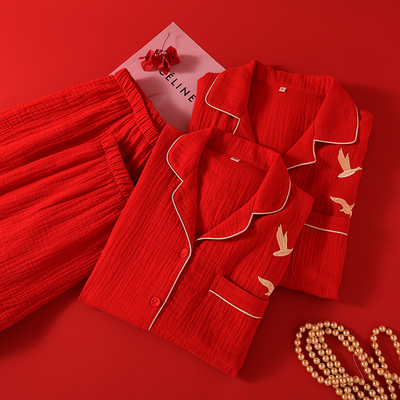 大红色情侣纯棉纱布新年睡衣