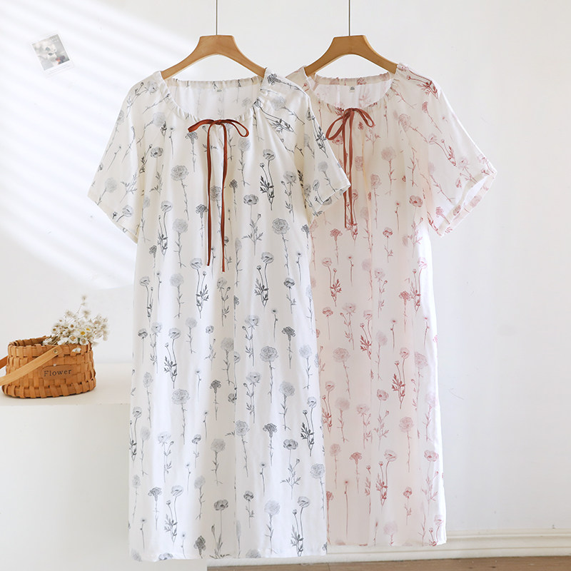带胸垫纯棉纱布睡裙女夏季短袖中长款套头睡衣裙子家居服全棉薄款