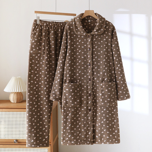 法兰绒中长款 套装 睡裙加绒 珊瑚绒家居服睡袍长裤 睡衣女士秋冬季