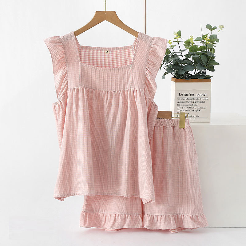 甜美荷叶边睡衣女士夏季纯棉纱布薄款宽松吊带背心短裤家居服套装