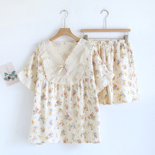 家居服套装 公主风蕾丝花边睡衣女纯棉纱布春夏季 薄款 短裤 卡通 短袖