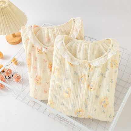 带胸垫月子服纯棉纱布春秋夏季孕妇睡衣套装全棉哺乳产妇待产喂奶