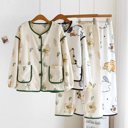秋冬睡衣少女法兰绒可爱卡通加绒加厚珊瑚绒可外穿冬季家居服套装