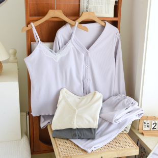 带胸垫三件套睡衣女秋冬德绒蕾丝V领保暖套装双面磨毛轻暖家居服
