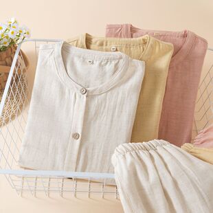 家居服套装 纯色圆领亚麻薄款 长袖 简约舒适天丝棉麻睡衣女春秋夏季