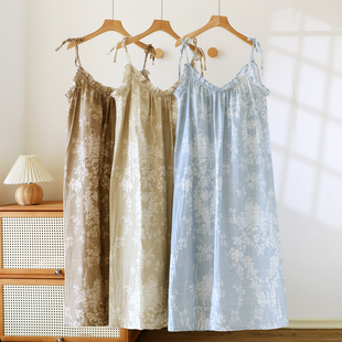 带胸垫防凸点纯棉纱布吊带睡裙女夏季 睡衣文胸一体家居服裙子 薄款