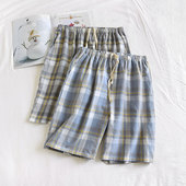 纯棉短裤 夏季 全棉大裤 衩宽松夏天格子薄款 水洗棉男士 家居裤 睡裤