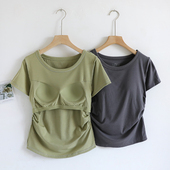 瑜伽免文胸打底衫 带胸垫一体短袖 修身 薄款 运动 T恤女褶皱收腰夏季