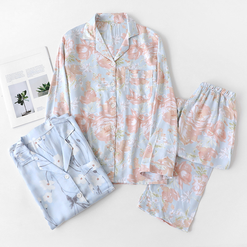 女士棉绸印花翻领家居服套装
