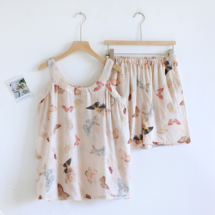 夏天竹纤维家居服 套装 竹纤维蝴蝶印花睡衣女夏季 吊带背心短裤