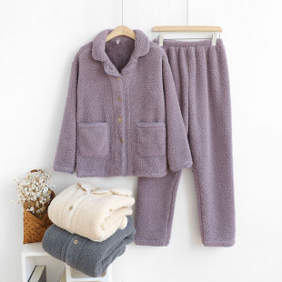 加绒加厚款 情侣羊羔绒睡衣女冬季 长袖 家居服套装 珊瑚绒可外穿 男士