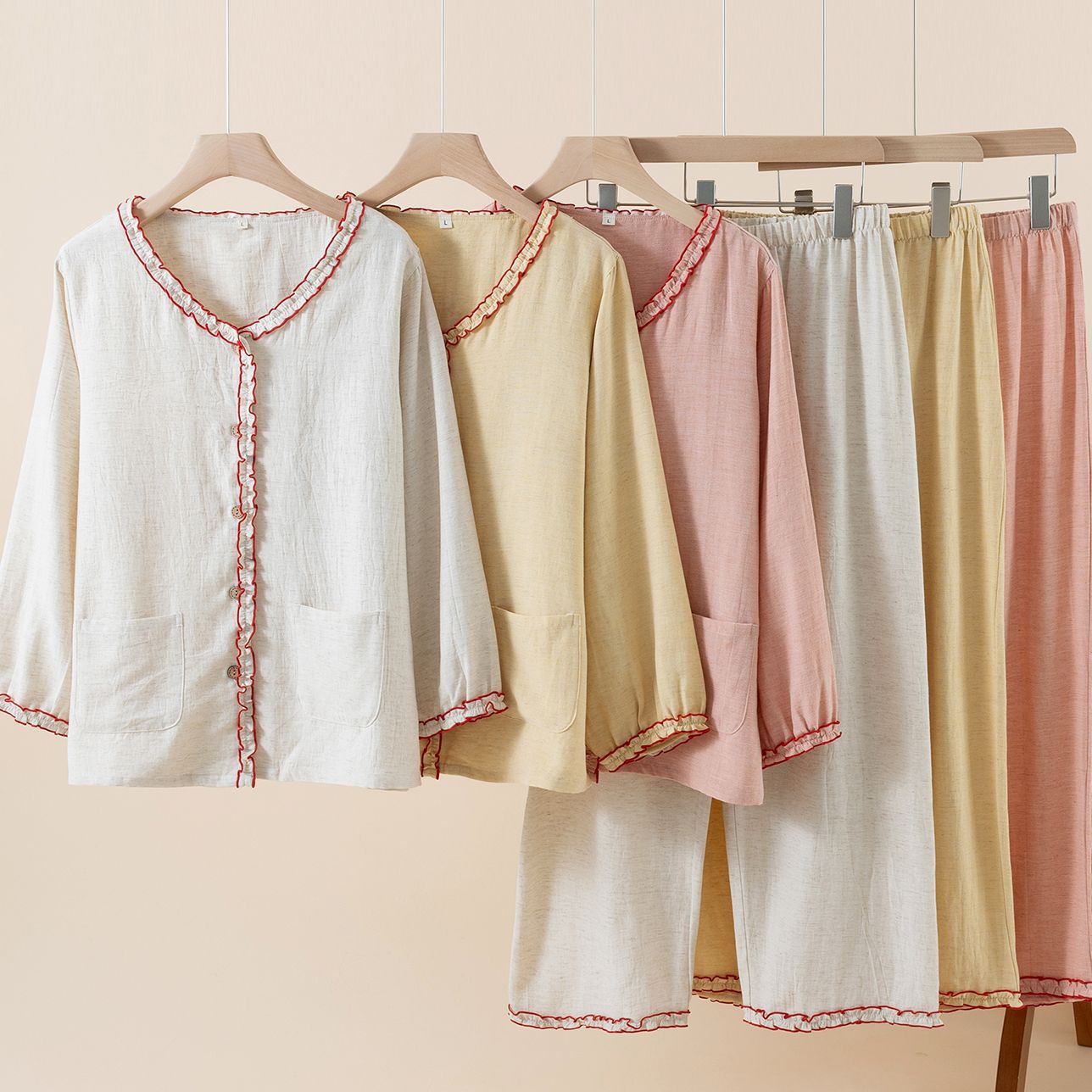 天丝棉麻女士V领家居服套装