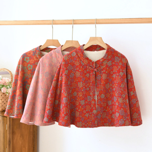 复古中式保暖披肩可外穿家居服上衣单件加厚斗篷秋冬加绒国风睡衣