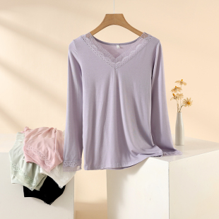 蕾丝边女士秋衣单件莫代尔秋冬薄款 打底线衣内搭保暖内衣内穿睡衣