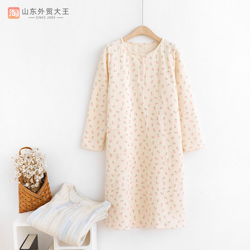 夹棉睡裙女秋冬季加厚纯棉长袖睡衣睡袍春秋天家居服空气棉碎花