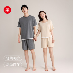 情侣睡衣女夏季 套装 假两件圆领男士 短裤 可外穿家居服 薄款 纯棉短袖