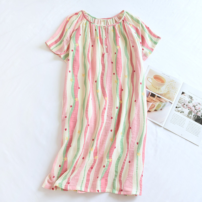 多巴胺粉色条纹短袖睡裙女纯棉纱布圆领夏季薄款睡衣高级感家居服,女士内衣/男士内衣/家居服,睡裙,淘宝优惠券,粉丝福利购,淘宝优惠卷