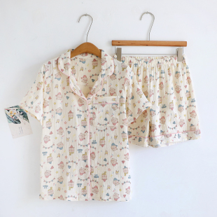 短裤 可爱卡通睡衣女士夏季 短袖 开衫 家居服两件套棉麻 纯棉纱布薄款