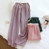 全棉简约纯色可外穿家居裤 纯棉纱布睡裤 宽松直筒长裤 薄款 女春夏季