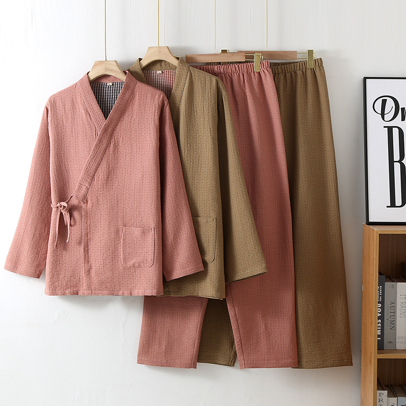 情侣色织纯棉纱布日式和服睡衣