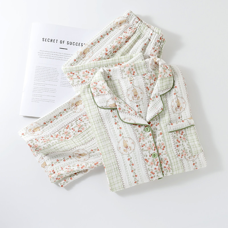 田园小兔纯棉纱布双层全棉睡衣女春秋季泡泡纱长袖套装家居服薄款