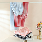 春夏季 纯棉纱布女士睡裤 薄款 可外穿格子居家裤 气球裤 长裤 九分裤