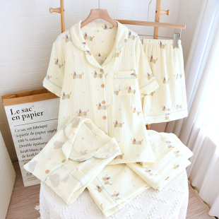 睡衣女士纯棉纱布夏季 田园风家居服套装 薄款 长裤 短裤 三件套短袖
