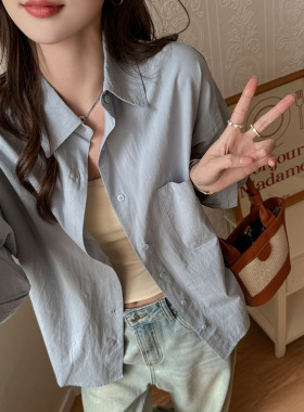 防晒100%砂洗纯棉长袖女式夏季衬衫蓝色高级感上衣薄外套宽松开衫