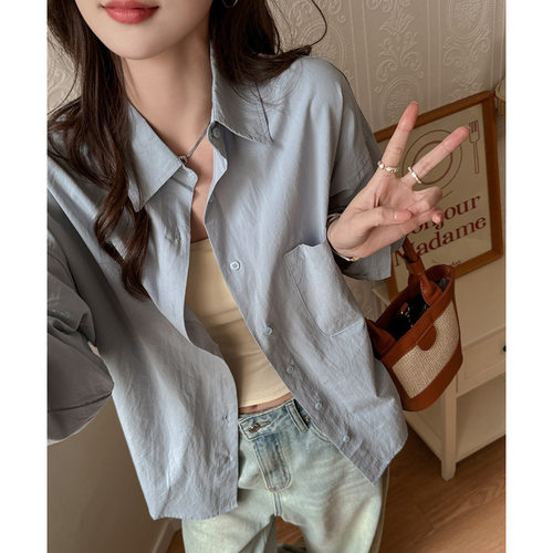 防晒100%砂洗纯棉长袖女式夏季衬衫蓝色高级感上衣薄外套宽松开衫