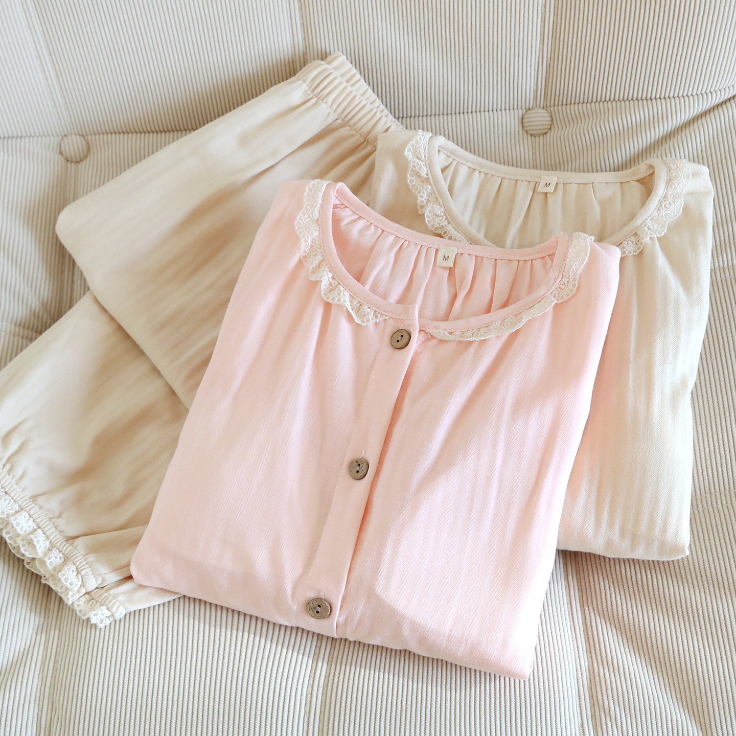 带胸垫全棉睡衣女春秋夏季薄款纯棉纱布家居服蕾丝圆领长袖套装,女士内衣/男士内衣/家居服,睡衣/家居服套装,淘宝优惠券,粉丝福利购,淘宝优惠卷