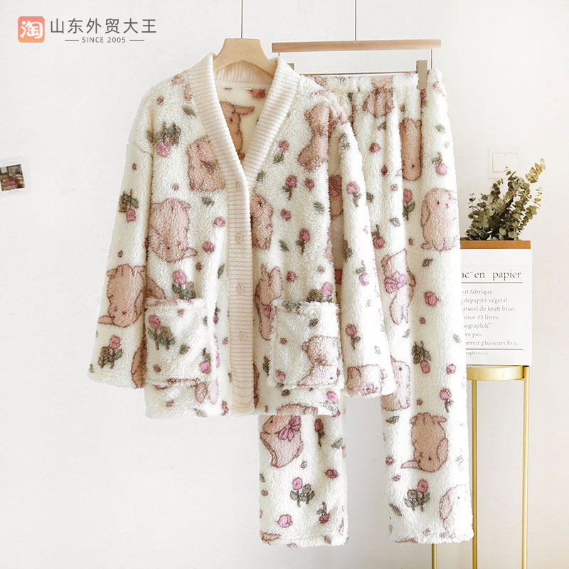 秋冬季珊瑚绒睡衣女士加绒加厚卡通兔子法兰绒家居服套装V领开衫,女士内衣/男士内衣/家居服,睡衣/家居服套装,淘宝优惠券,粉丝福利购,淘宝优惠卷