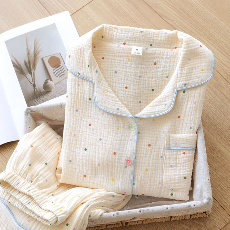 彩色点点纯棉纱布睡衣女款春秋夏季长袖全棉薄款家居服套装可外穿 - 山东外贸大王出品