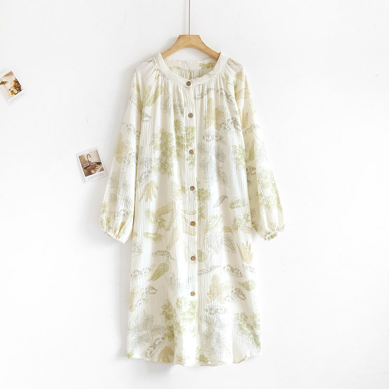 长袖睡裙女春秋夏季纯棉纱布清新印花薄款宽松圆领家居服睡衣裙子