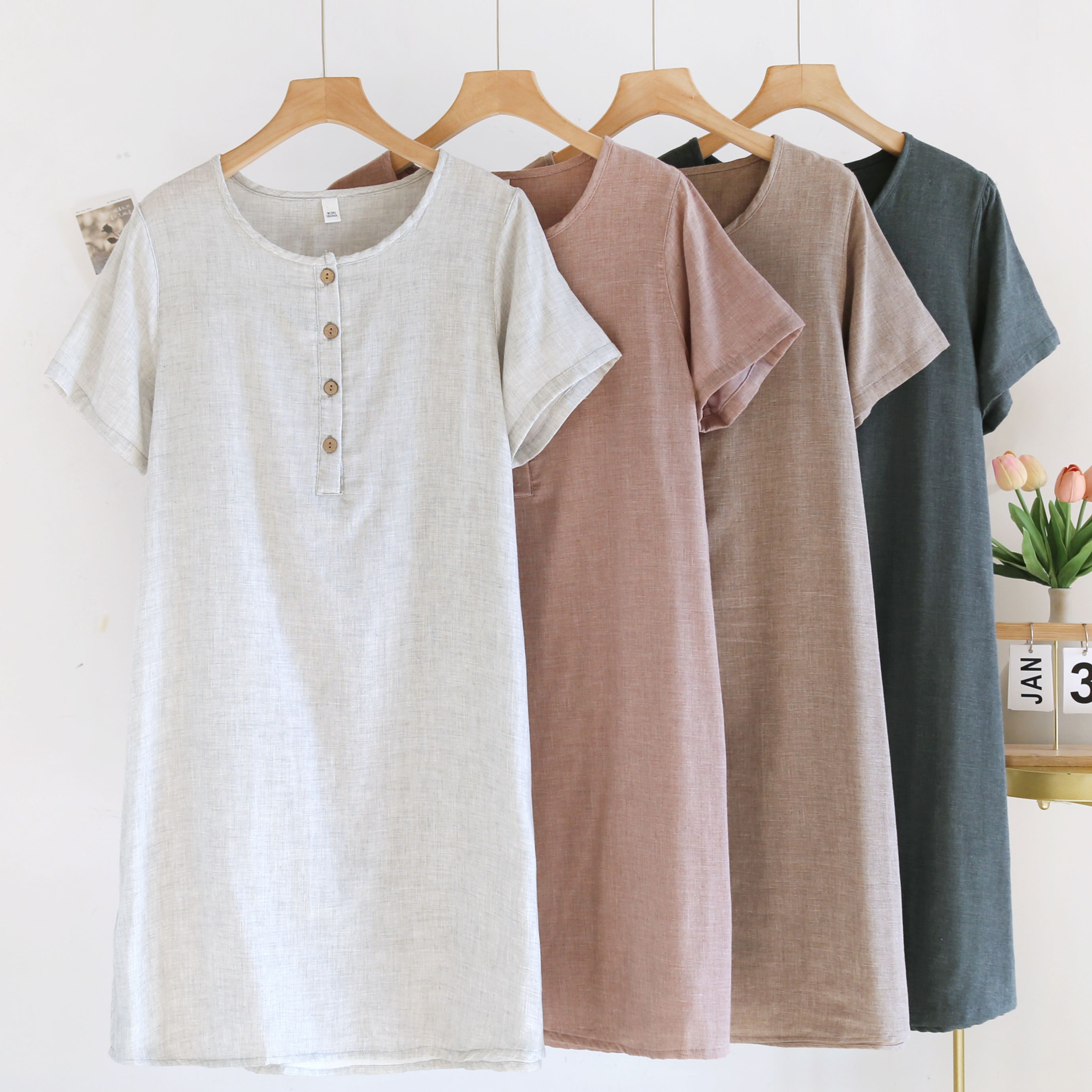 无印风日系简约纯棉纱布睡裙女士夏季薄款短袖可外穿家居服睡衣