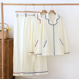 全棉 贝壳包边纯棉双层纱布睡衣女春秋夏季 长袖 薄款 宽松家居服套装