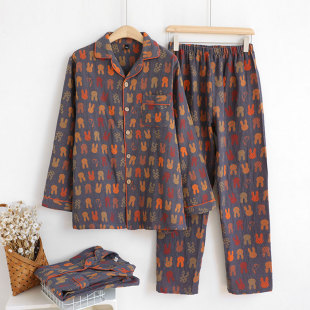 家居服套装 男士 翻领 长袖 色织复古小兔情侣睡衣女纯棉纱布春秋薄款