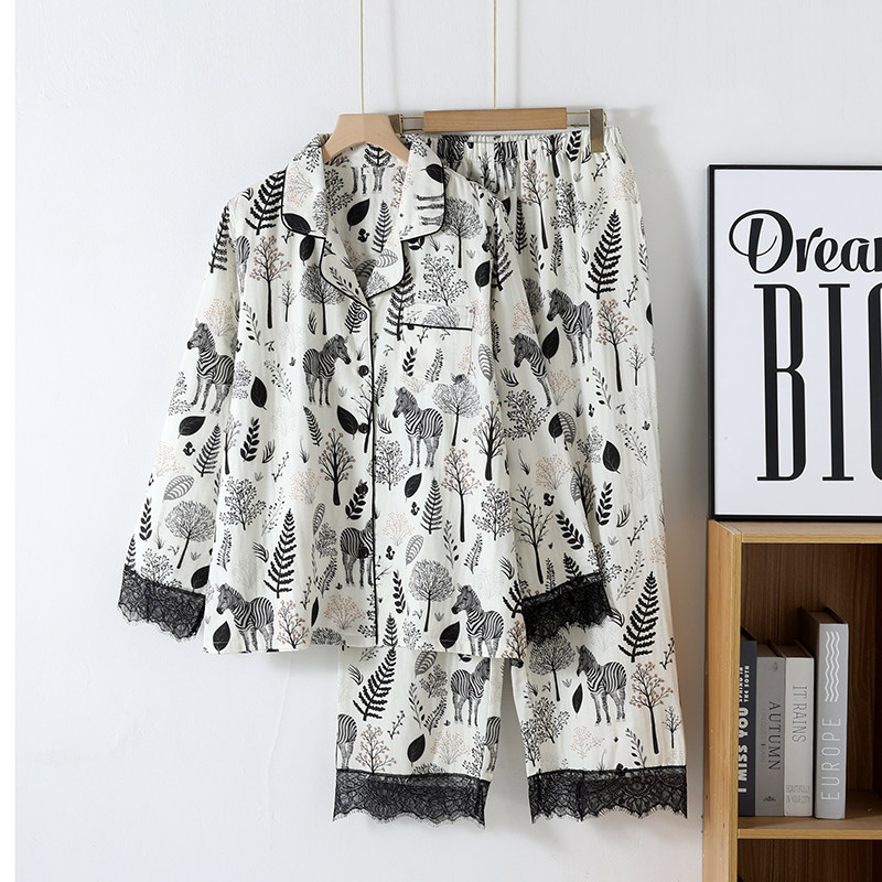 斑马印花睡衣女士春秋夏季纯棉纱布长袖家居服套装高级感蕾丝拼接,女士内衣/男士内衣/家居服,睡衣/家居服套装,淘宝优惠券,粉丝福利购,淘宝优惠卷