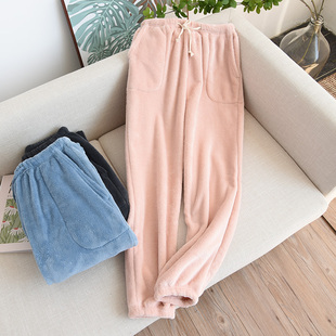 秋冬季情侣睡裤女珊瑚绒加厚保暖长裤男士收口束脚家居裤日系简约