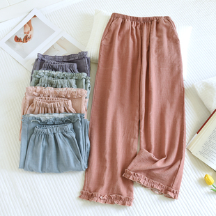 阔腿款 春秋季 薄款 夏季 纯棉纱布睡裤 遛弯家居裤 女木耳花边全棉长裤