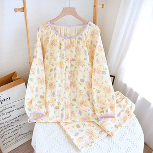 纯棉纱布睡衣女款春夏秋季长袖长裤套装小碎花泡泡棉甜美家居服