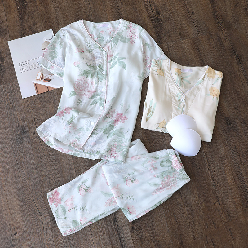 带胸垫人棉短袖长裤家居服套装