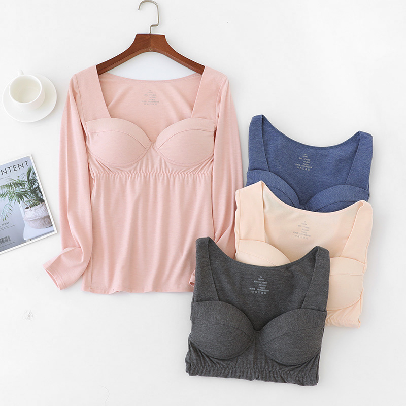 带胸垫保暖内衣加绒加厚秋衣自发热打底衫秋冬低领上衣面穿文胸