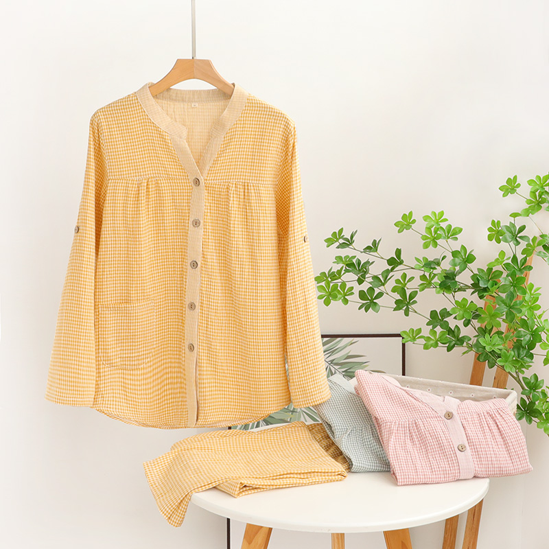 纯棉纱布睡衣套装文艺清新小格子