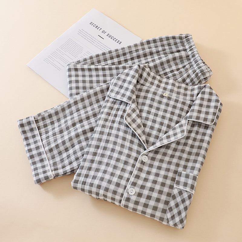 无印风日系格子纯棉纱布男士睡衣