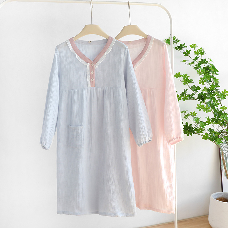 甜美花边长袖睡裙纯棉宽松款