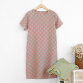 休闲家居睡衣 套头中长款 夏季 女纯棉双层纱布睡裙色织提花格子短袖