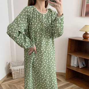 裙子家居服 宽松长袖 文艺清新绿色碎花睡裙女春秋夏季 纯棉纱布薄款