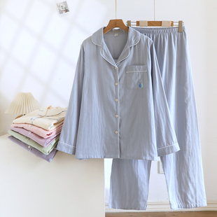 简约纯色纯棉纱布睡衣女士春秋夏季薄款全棉宽松家居服套装可外穿